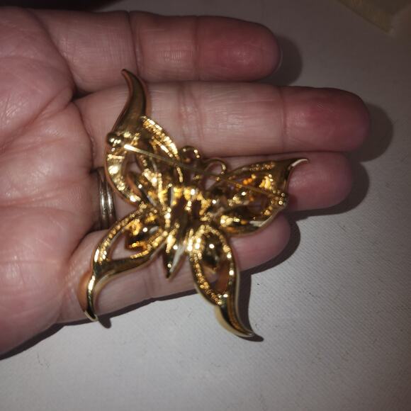 VINTAGE GOLDTONE BLUE RHINESTONE BUTTERFLY BROOCH PIN - Picture 3 of 4